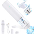 White handheld vacuum with its washable filter lifted out and nozzles, cap and USB charging cable alongside