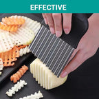 Hand slicing a potato with the crinkle cutter, ridged potato and carrot pieces on a slate board, captioned Effective.