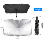 Size diagram of the sun shade: 126 cm across the top and 140 cm at the base, 80 cm tall, folding down to a 30 cm umbrella