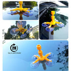 Four-panel collage of the yellow suction-cup bridge tool on a windscreen, with a 20-minute clock icon.