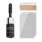 White-background photo of the black resin bottle labelled 'WINDSCREEN REPAIR RESIN', stacked curing strips and a blade.
