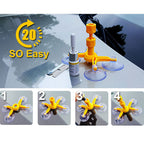 Kit laid out on car glass beside a 'SO Easy' 20-minute badge, with a numbered 1-4 step strip along the bottom.