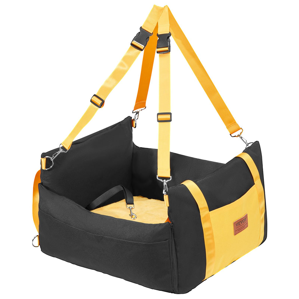 Black dog car booster seat with yellow trim, headrest straps and plush cushion, shown on a white background