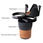 Annotated product diagram labelling the hand-painted body, piano-paint ring and anti-slip silicone base of the cup holder.
