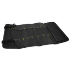 White-background product photo of the roll-up tool bag fully unrolled and empty, showing yellow stitching.