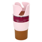 White-background front view of the pink and maroon multi cup holder with its brown silicone base.