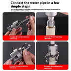 Four-panel how-to graphic showing hands assembling the tool and cutting internal and external pipe threads.
