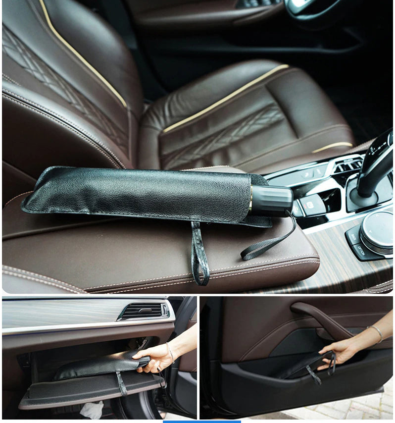 The windshield sun shade rolled into its black storage sleeve and resting on the centre console of a car