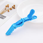 Blue sectioning clip photographed on a pale flat-lay beside dried flowers and a white ceramic plate.