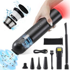 Black handheld car vacuum with exploded filter, airflow graphic and its nozzle, hose and cable accessories