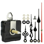 White-background kit shot of the black clock movement with decorative hands, mounting washers, nuts and spindles.