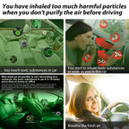 Four-panel graphic on car cabin air pollution, with drivers and green-tinted labels for benzene and bacteria.