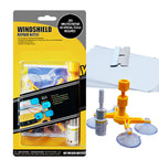 Retail blister pack labelled 'WINDSHIELD REPAIR KIT (I)' beside the loose bridge tool, films and blade on white.