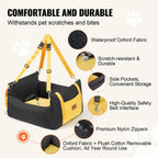 Features of the dog booster seat: water-resistant Oxford fabric, scratch resistance, side pockets, safety belt clip and removable cushion