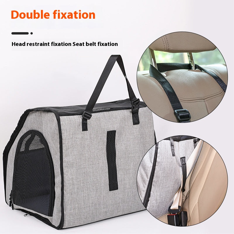 Double fixation: the crate straps over the headrest and through the seat belt