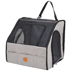 Gray foldable dog car crate with mesh top and side windows, shown empty on a white background