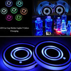 Collage of the LED coasters in eight colours, in car cup holders, and two glowing blue with ring patterns.