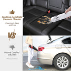 Cordless versus corded comparison: the white vacuum lifts crumbs from a car seat while a corded unit trails cables