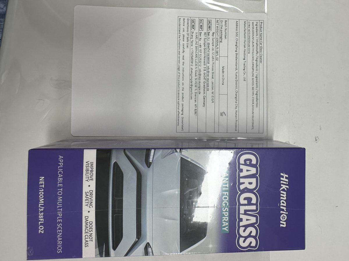 Car glass anti-fog spray box with ingredients and directions printed on the back