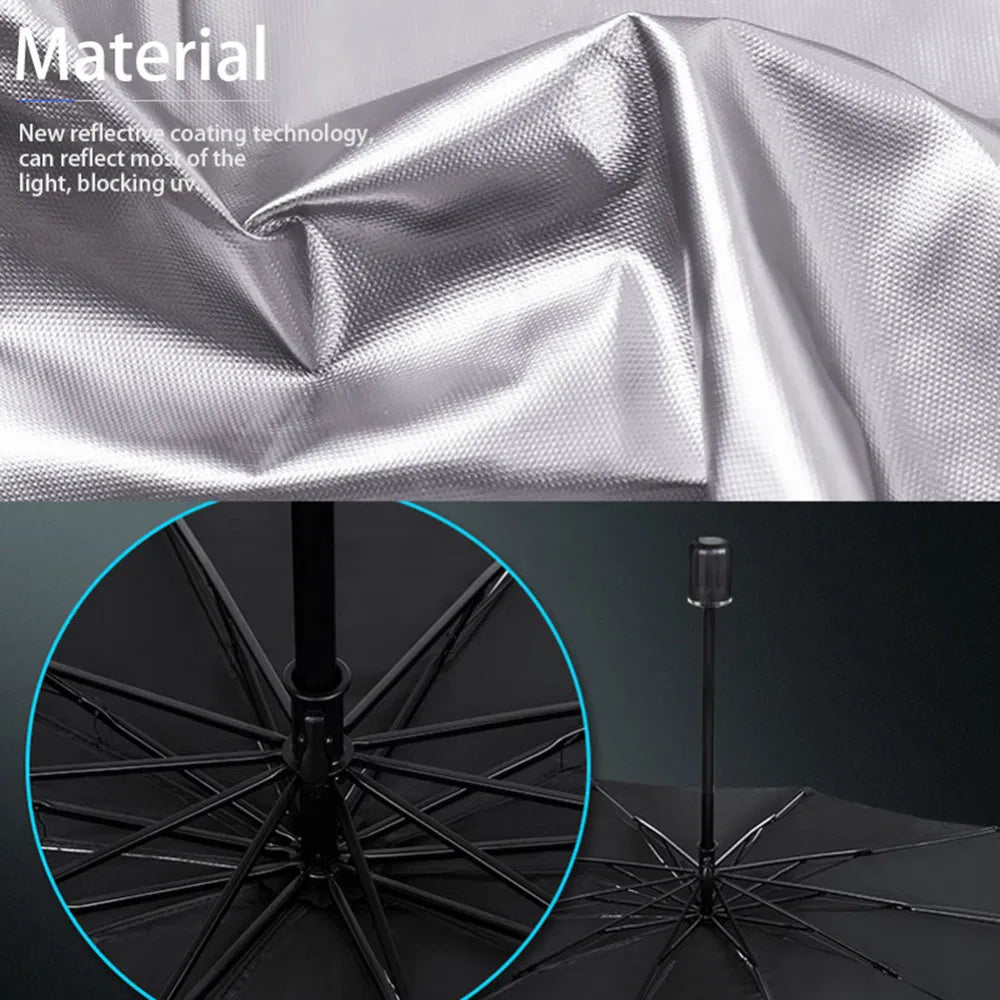 Close-up of the silver reflective woven coating above the black 10 rib umbrella frame, with the fold-out stick beside it