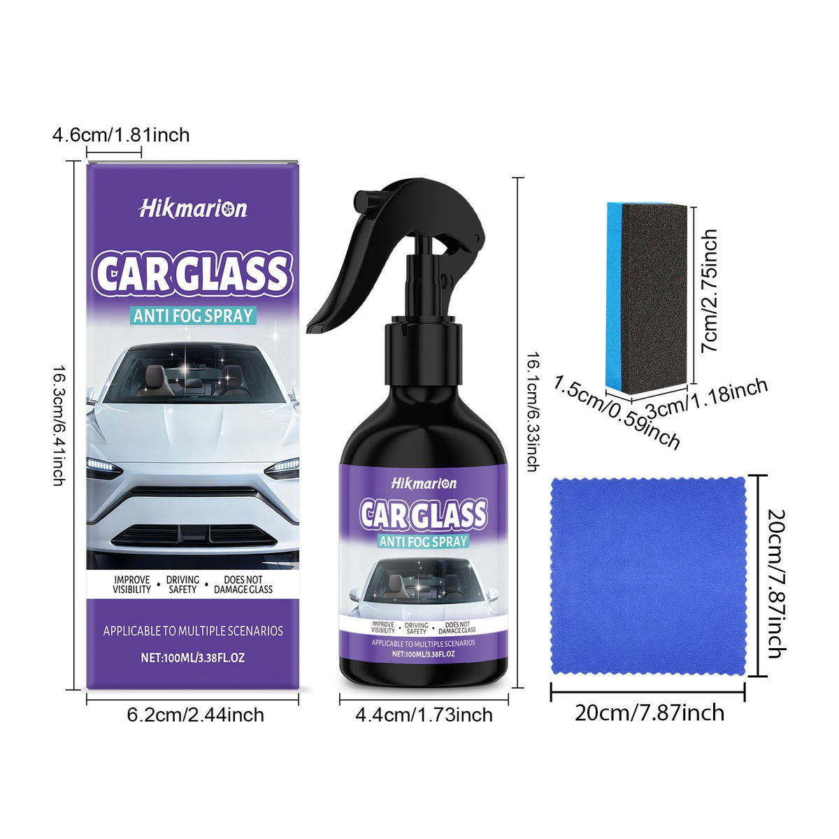 Car glass anti-fog spray 100 ml with dimensions, sponge applicator and 20 x 20 cm microfiber cloth