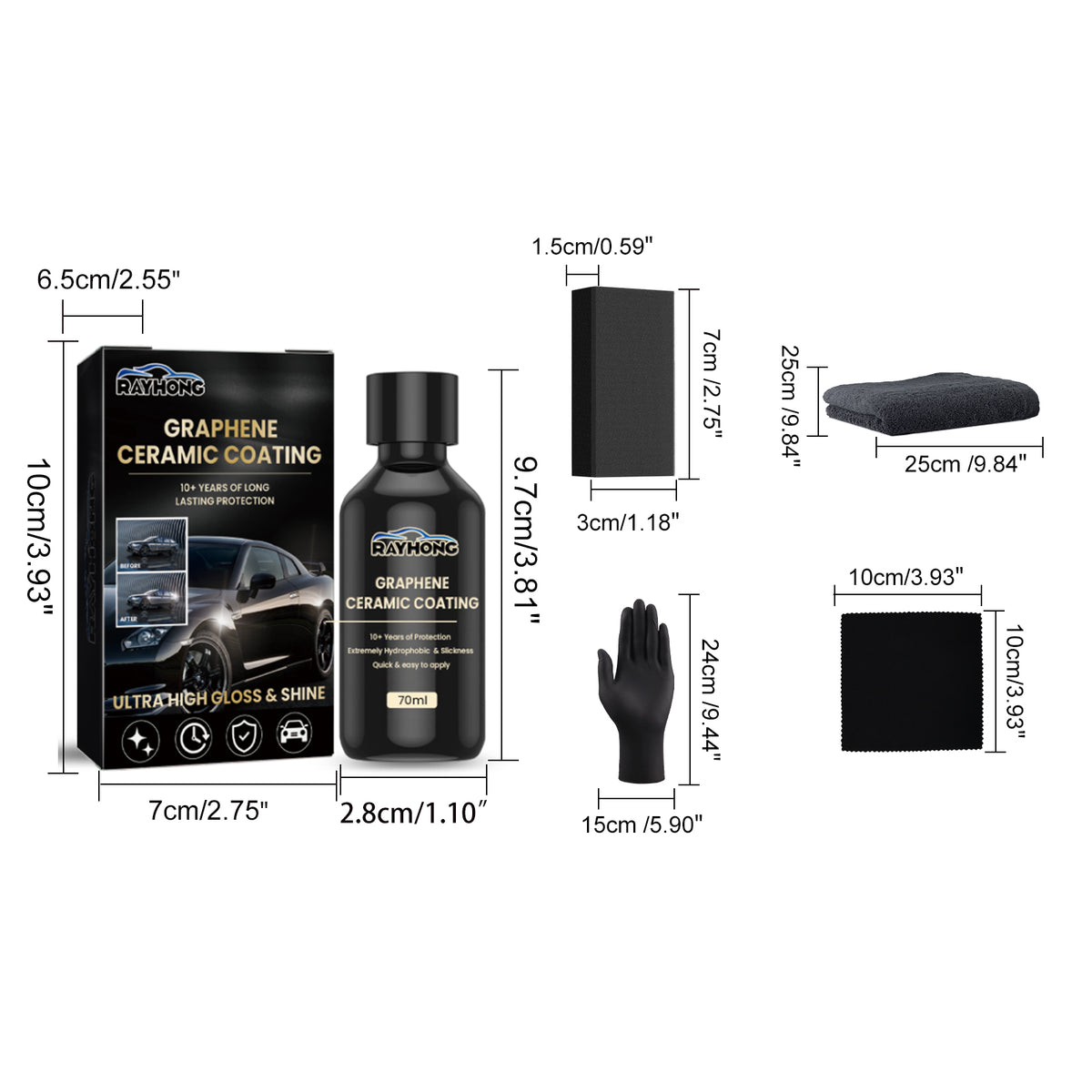 Graphene Ceramic Coating for Cars, 70 ml Paint Sealant Kit with Sponge, Towel, Gloves & 2 Applicator Cloths, High Gloss Hydrophobic Protection