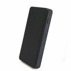 White-background photo of the black power bank standing upright, showing its power button and LED indicators