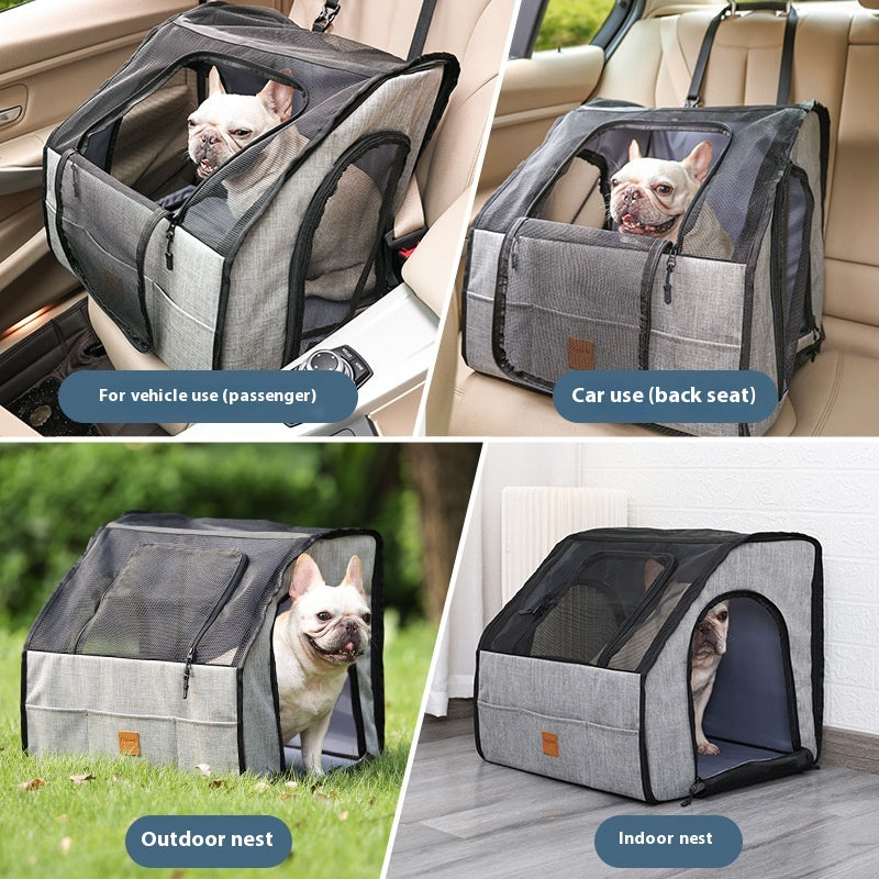 The crate used on a passenger seat, on the back seat, outdoors on grass and indoors as a pet nest