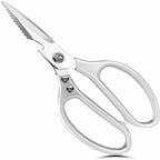 White-background product photo of the all-metal kitchen shears, angled view of the serrated blade.
