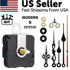 Clock movement kit collage with US-flag banner, black quartz mechanism, brass shaft and modern and gothic hands.