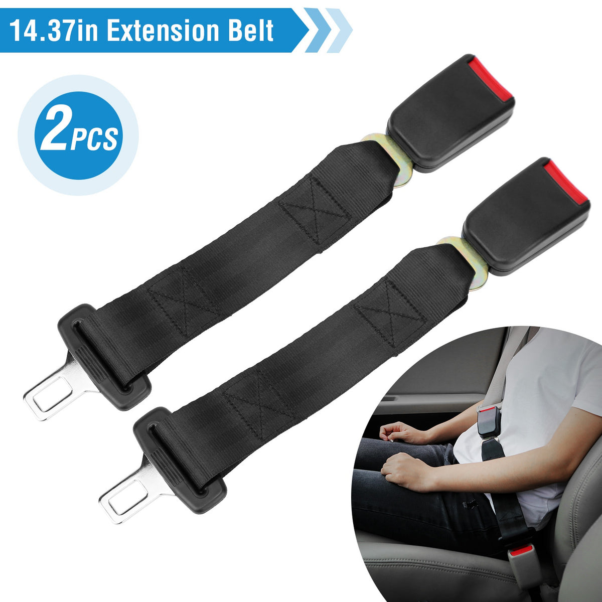 Car Seat Belt Extender 2-Pack, 14.37" Buckle Tongue Extension, Universal Fit for Most Vehicles