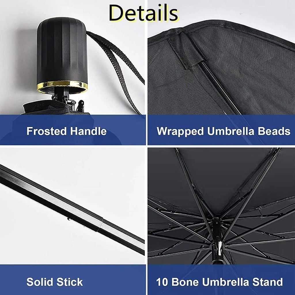 Labelled detail panels of the sun shade showing the frosted centre handle, wrapped umbrella beads, solid stick and 10 bone umbrella stand
