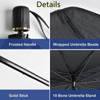 Labelled detail panels of the sun shade showing the frosted centre handle, wrapped umbrella beads, solid stick and 10 bone umbrella stand
