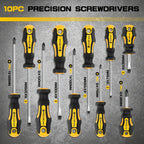 Size chart headed 10PC Precision Screwdrivers, showing all ten drivers on grey with type and length labels.