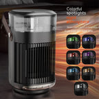 'Colorful spotlights / night atmosphere' promo with the heater glowing amber and seven small colour-light thumbnails.