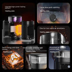 Feature grid with six panels and English captions on the heating element, quick warming and seven-colour ambient light.
