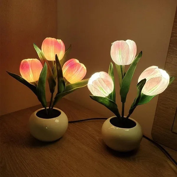 Two LED tulip lamps, one pink-orange and one white, lit on a shelf with the USB cable beside them