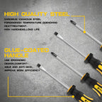 Feature graphic over the driver shafts with text callouts for chromium vanadium steel and the glue-coated handle.