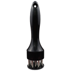 Black 21-pin stainless steel meat tenderizer with the needles extended, shown on a white background