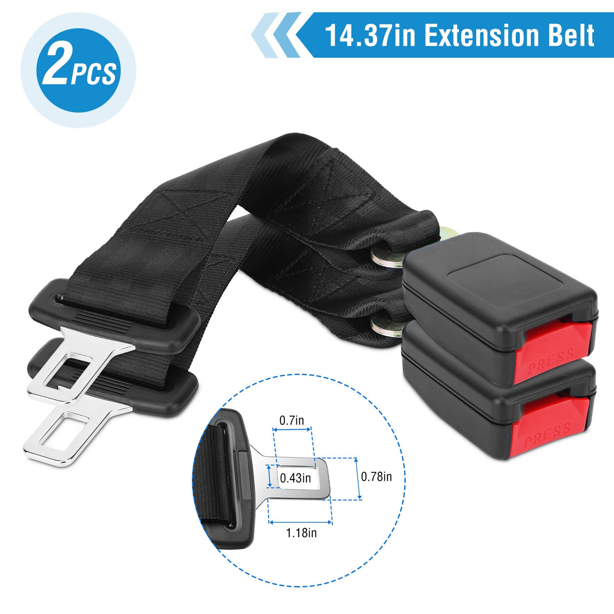 Car Seat Belt Extender 2-Pack, 14.37" Buckle Tongue Extension, Universal Fit for Most Vehicles