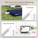 Blowing function guide: inflating an air mattress outdoors and dusting a laptop keyboard with the gas nozzles