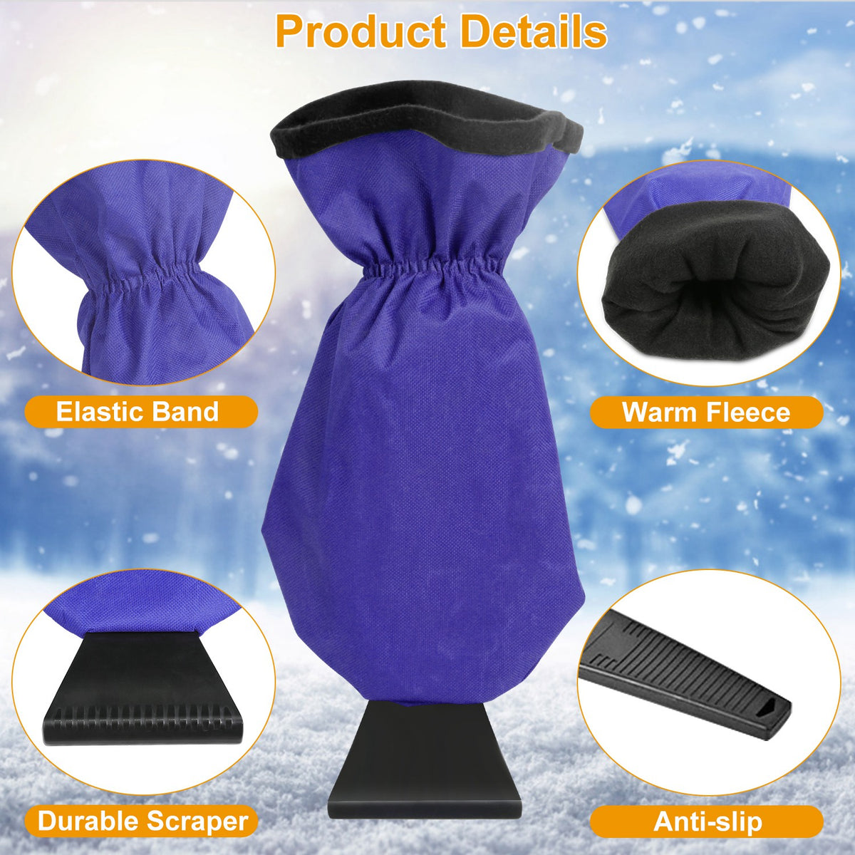 Ice Scraper Glove, Fleece-Lined Waterproof Snow & Ice Removal Mitt with Built-In ABS Scraper for Car Windshields, Doors & Windows