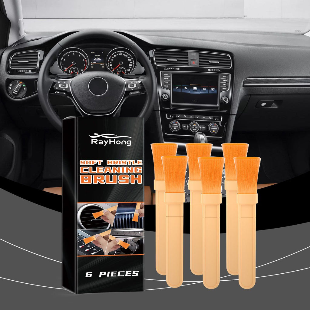 Brush set shown over a driver's-view dashboard photo with steering wheel and center console.