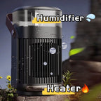 Black 2-in-1 heater and humidifier on a mossy rock, water droplets and 'Humidifier' and 'Heater' labels overlaid.