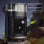 Same heater-humidifier unit against a dark blurred backdrop with English marketing text on circulating heated air.