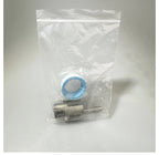 Clear zip bag holding a single metal tapping bit and a blue-ringed fitting on white.