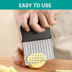 Both hands pushing the crinkle cutter blade into a potato half, wavy slices in front, captioned Easy to use.