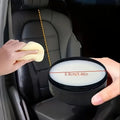 Car leather cleaning cream jar and sponge applicator being used on a leather car seat