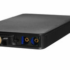 Macro close-up of the blue jump starter socket with gold pins on the side of the black power bank