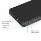 Labelled port diagram on the black pack: jump starter socket, micro USB input, LED light and USB output